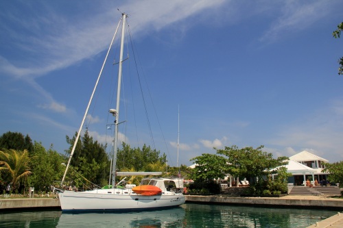 Camelot at rest at the Barefoot Cay Marina